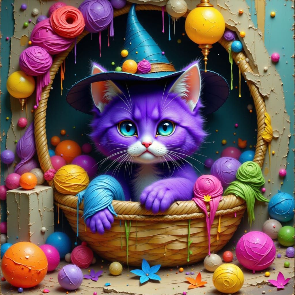 Whimsical Purple Kitten with Witch Hat and Yarn