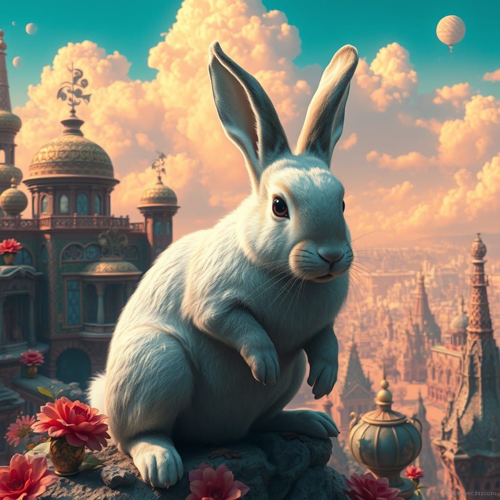 Surreal, Dreamlike White Rabbit in Vibrant, Maximalist Fanta...