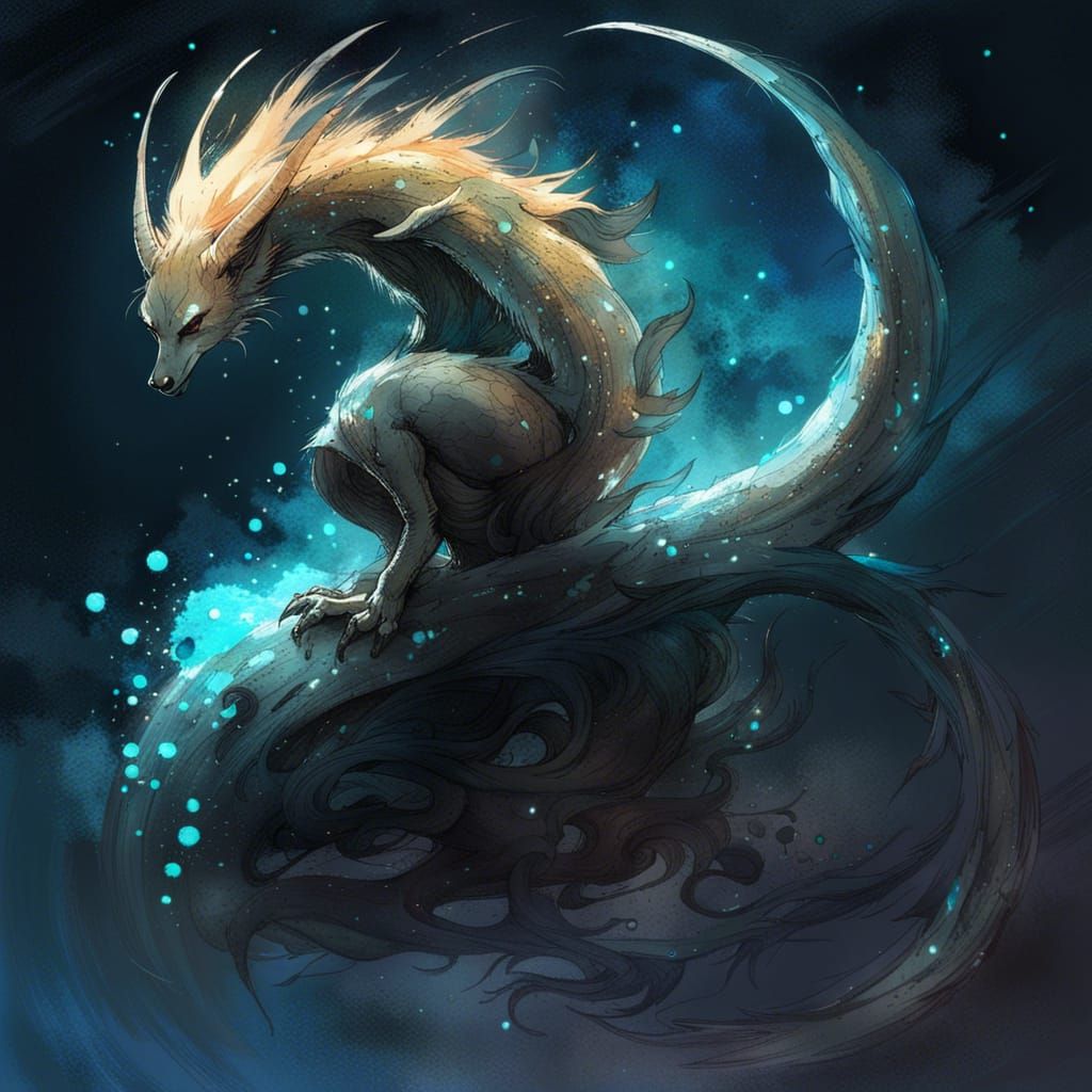 Bioluminescent Imp in Starry Galaxy, Digital Art