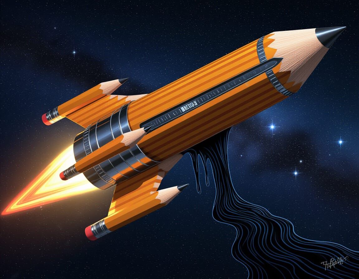 Pencil Spaceship Melts into Ink River in Epic Fantasy Style