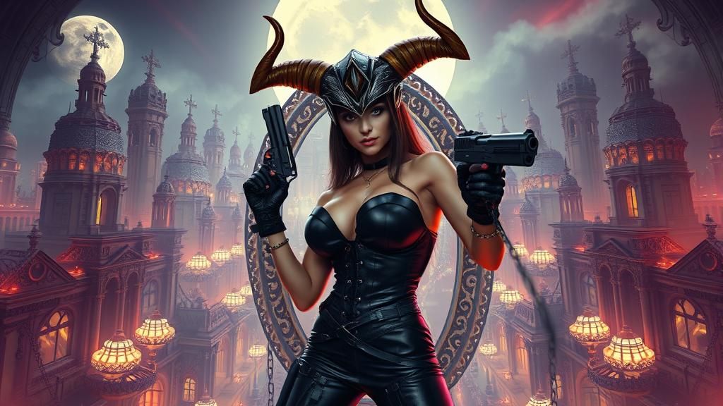 Steampunk Temptress in Gleaming City at Night