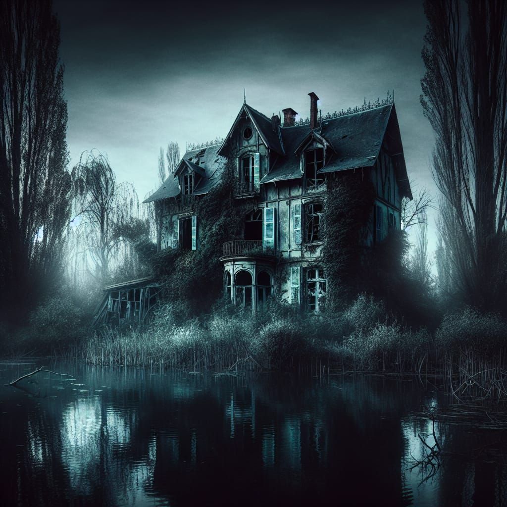 creepy disheveled house on the lake at night