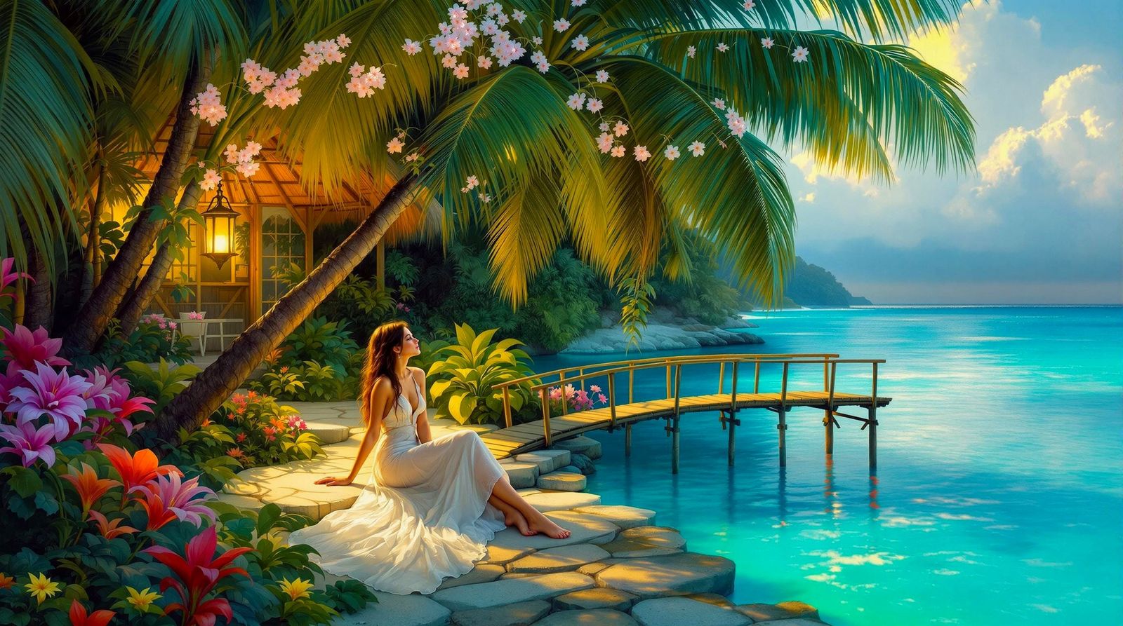 Caribbean Garden Scene in Pre-Raphaelite Style