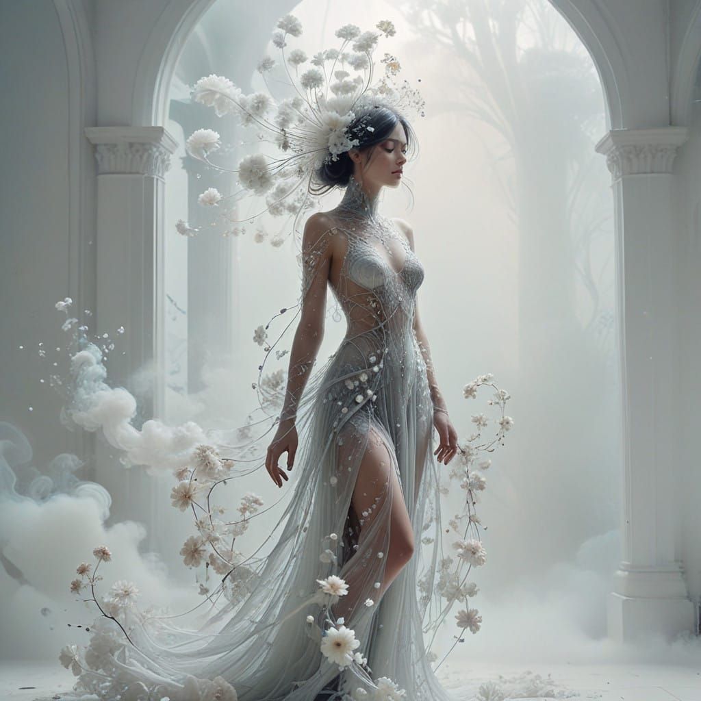 Ethereal Girl in Bioluminescent Gown with Fractal Smoke