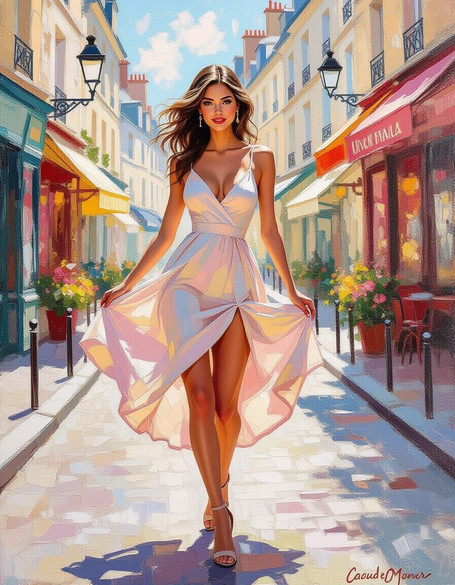 Impressionist Woman Posing on Parisian Street