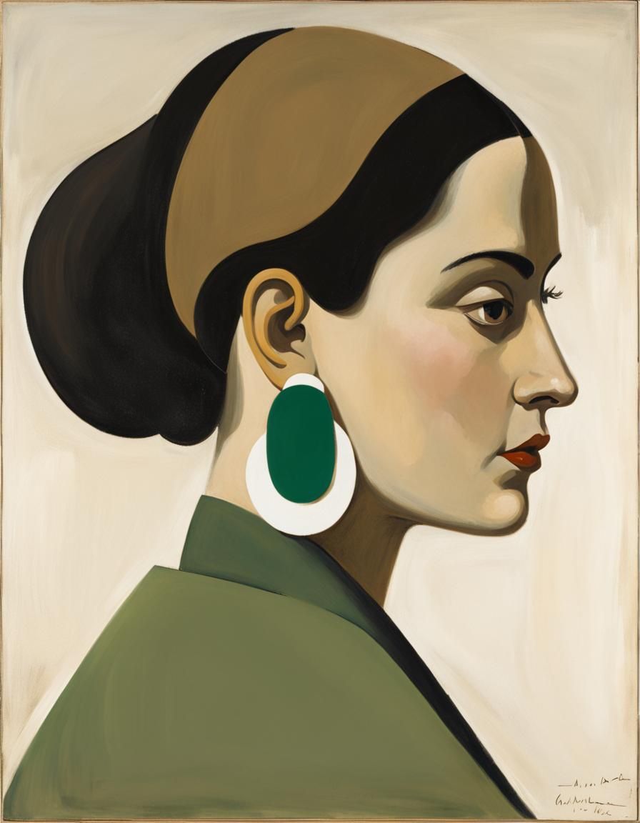 Woman with Green Earrings in Gouache Style