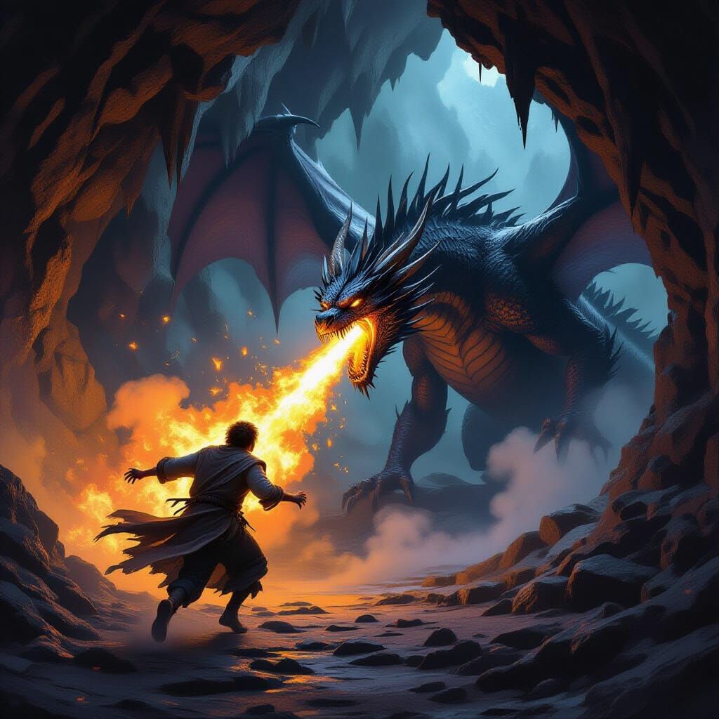 Frightened Man Escapes Dragon in Dark Cave