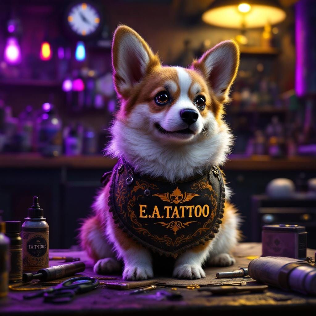 Corgi Tattoo Artist in Dark Fantasy Style