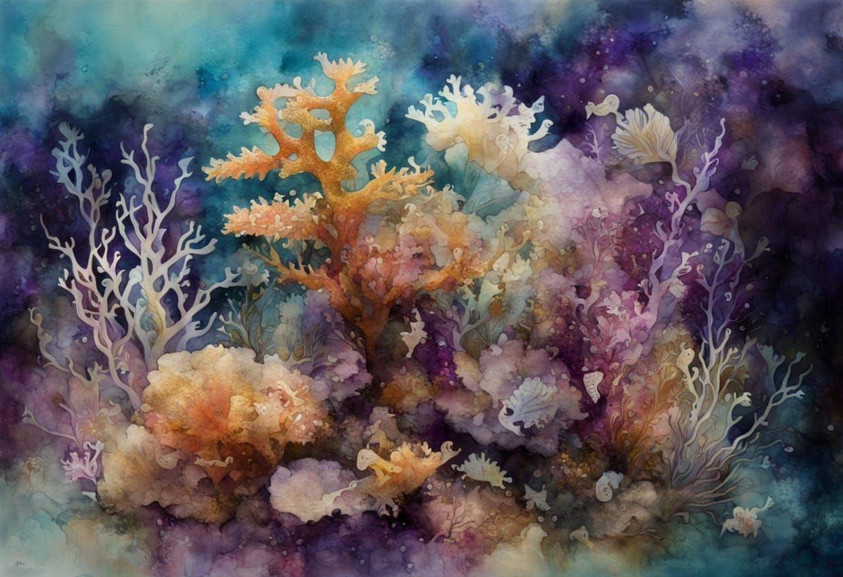 Vibrant Coral Reef Masterpiece in Encaustic Style