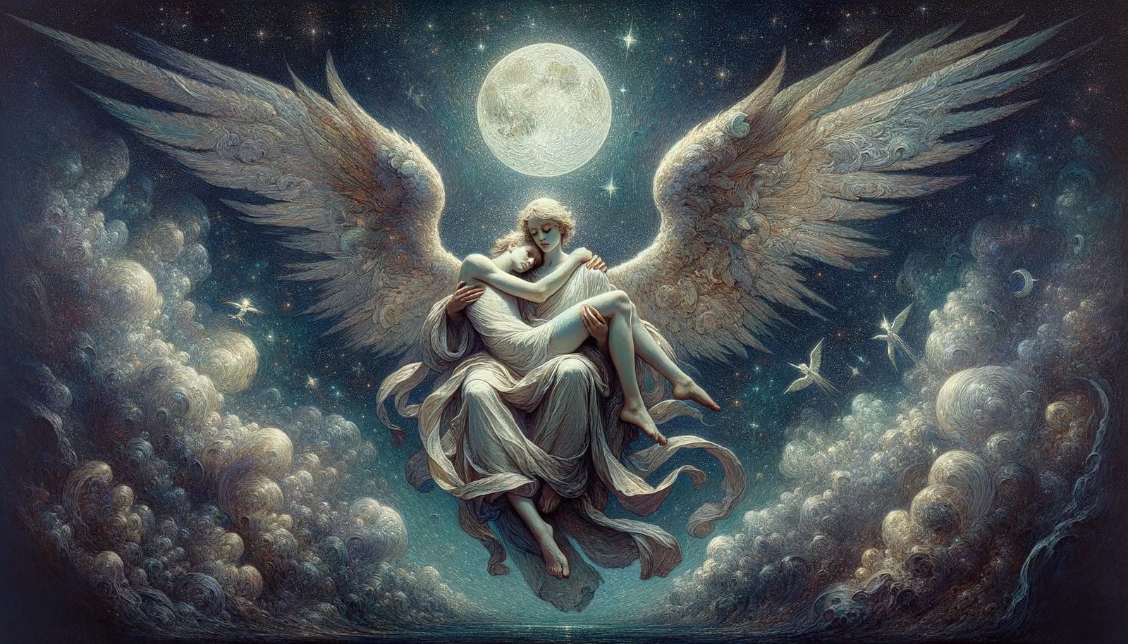 Angel Comforting Human Under Moonlit Sky