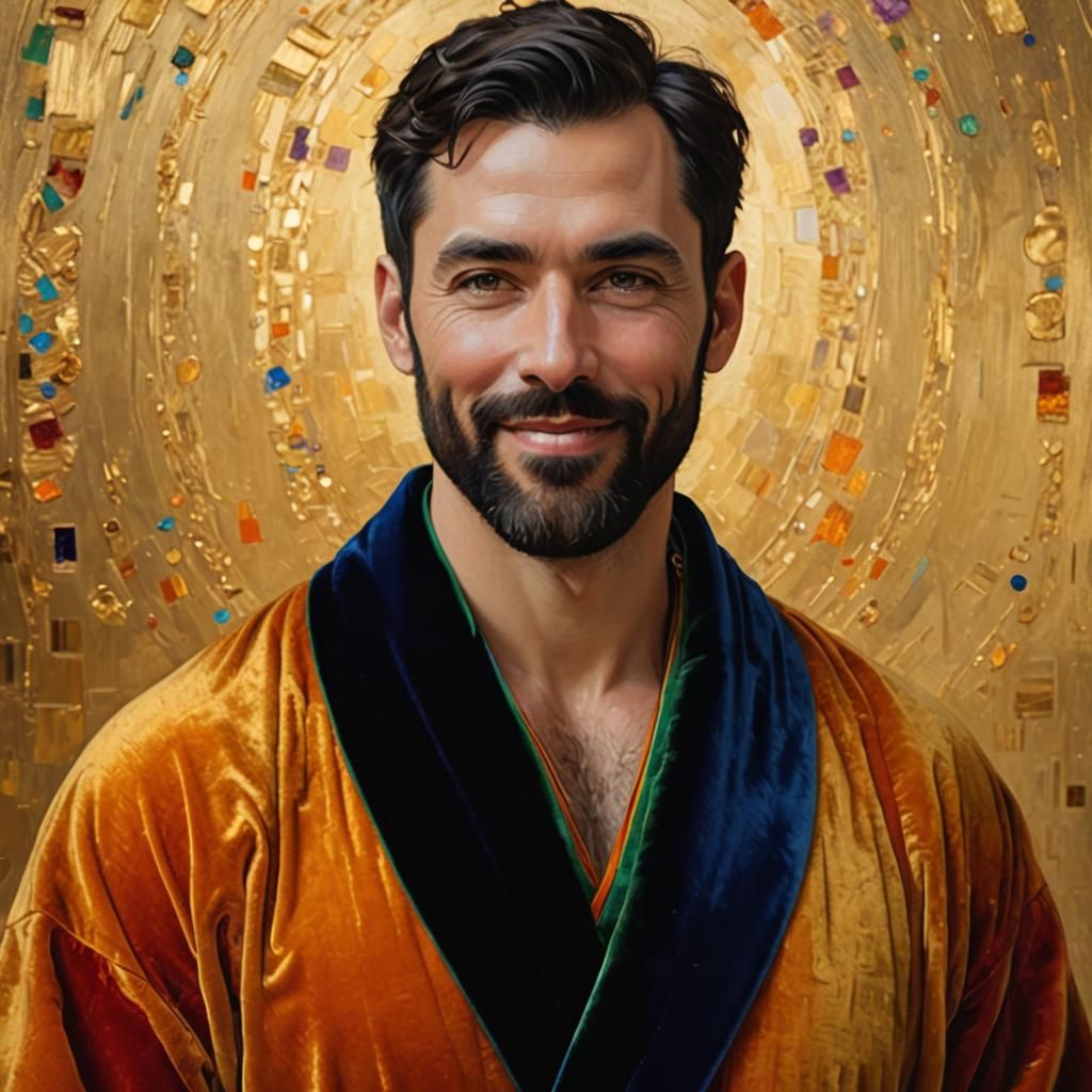 Portrait of Man in Velvet Robe, Klimt-Inspired