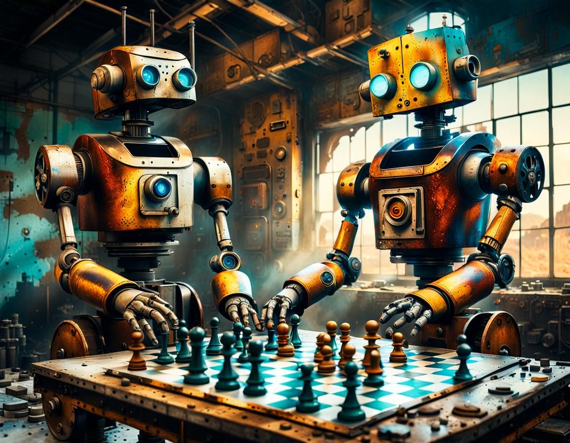 Retro Robots Play Chess in Abandoned Steampunk Factory