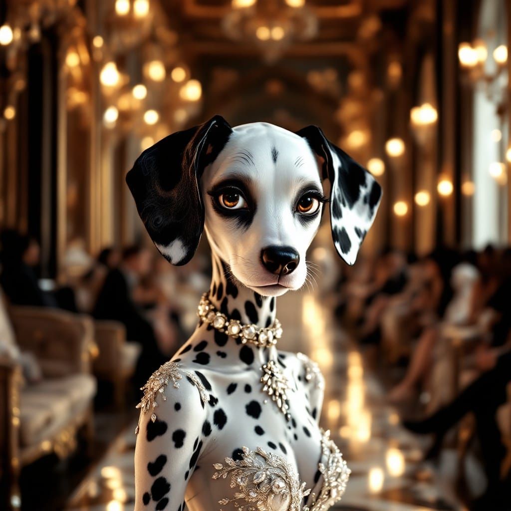 Elegant Dalmatian Fashion Model Struts Parisian Catwalk