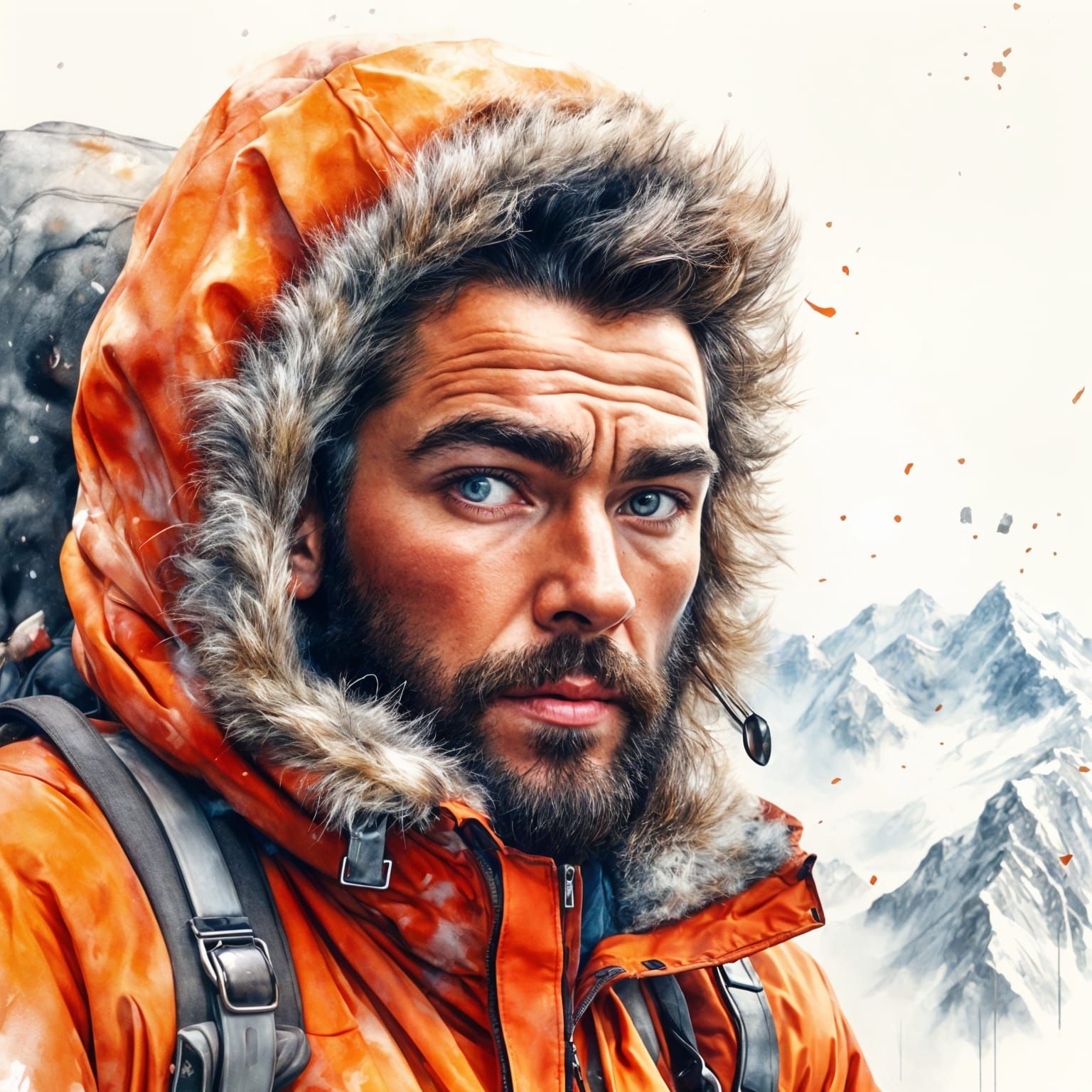 Mountain Climber Ascends Everest in Watercolor Style