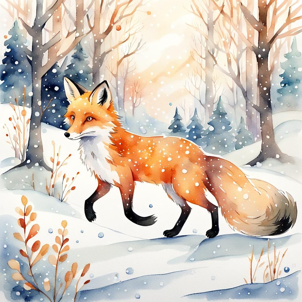 Fox Skating in Snowy Forest Watercolor