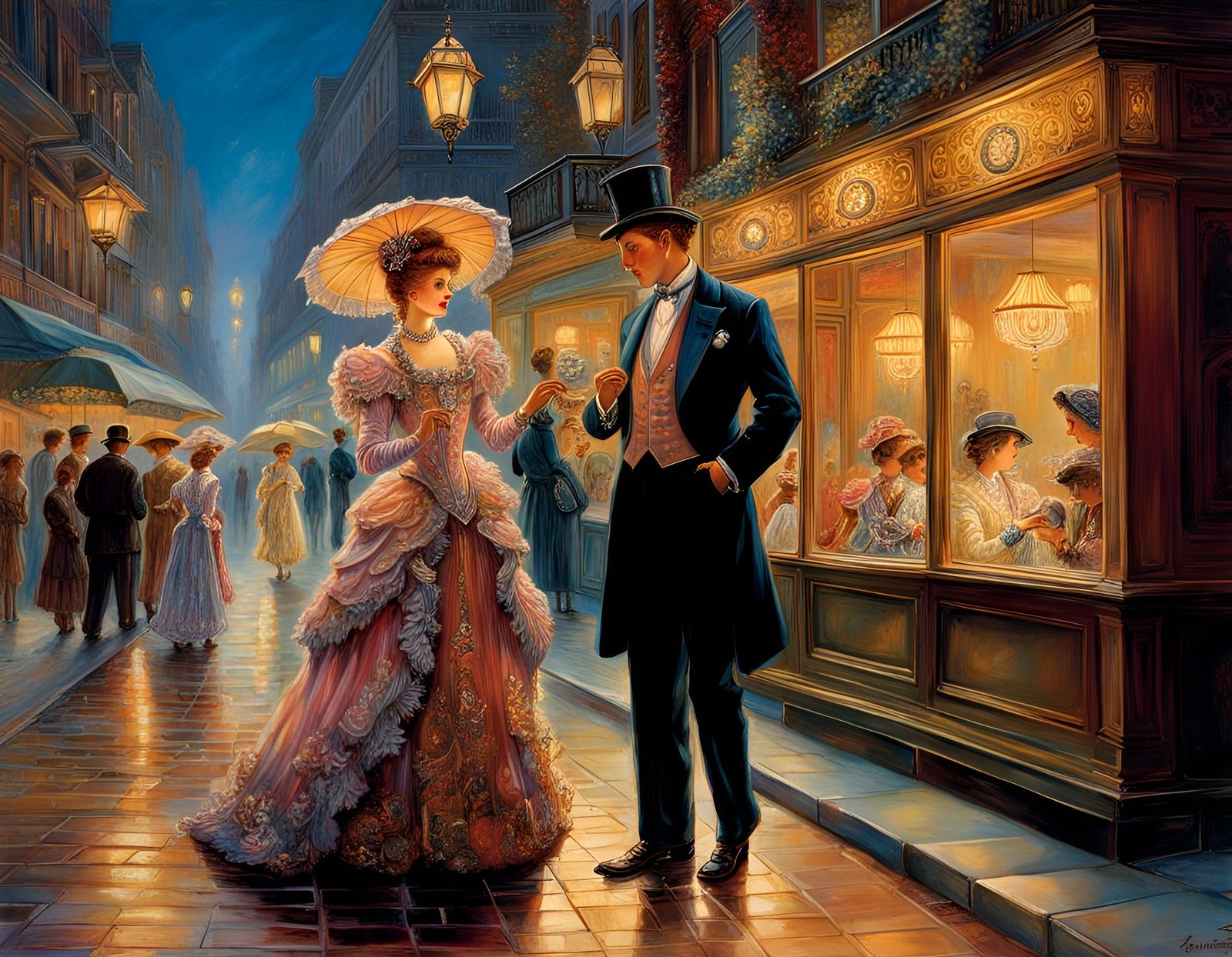 Elegant Couple Leaving Restaurant: Oil Painting Style