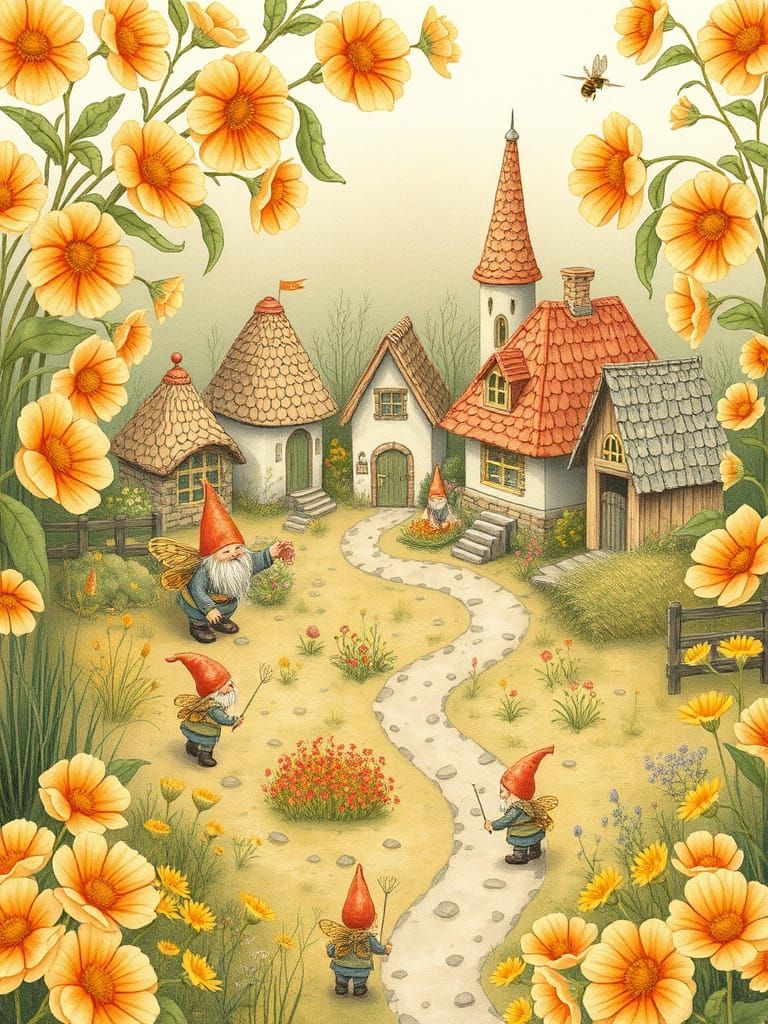 Quaint Village with Gnomes in Watercolor Style