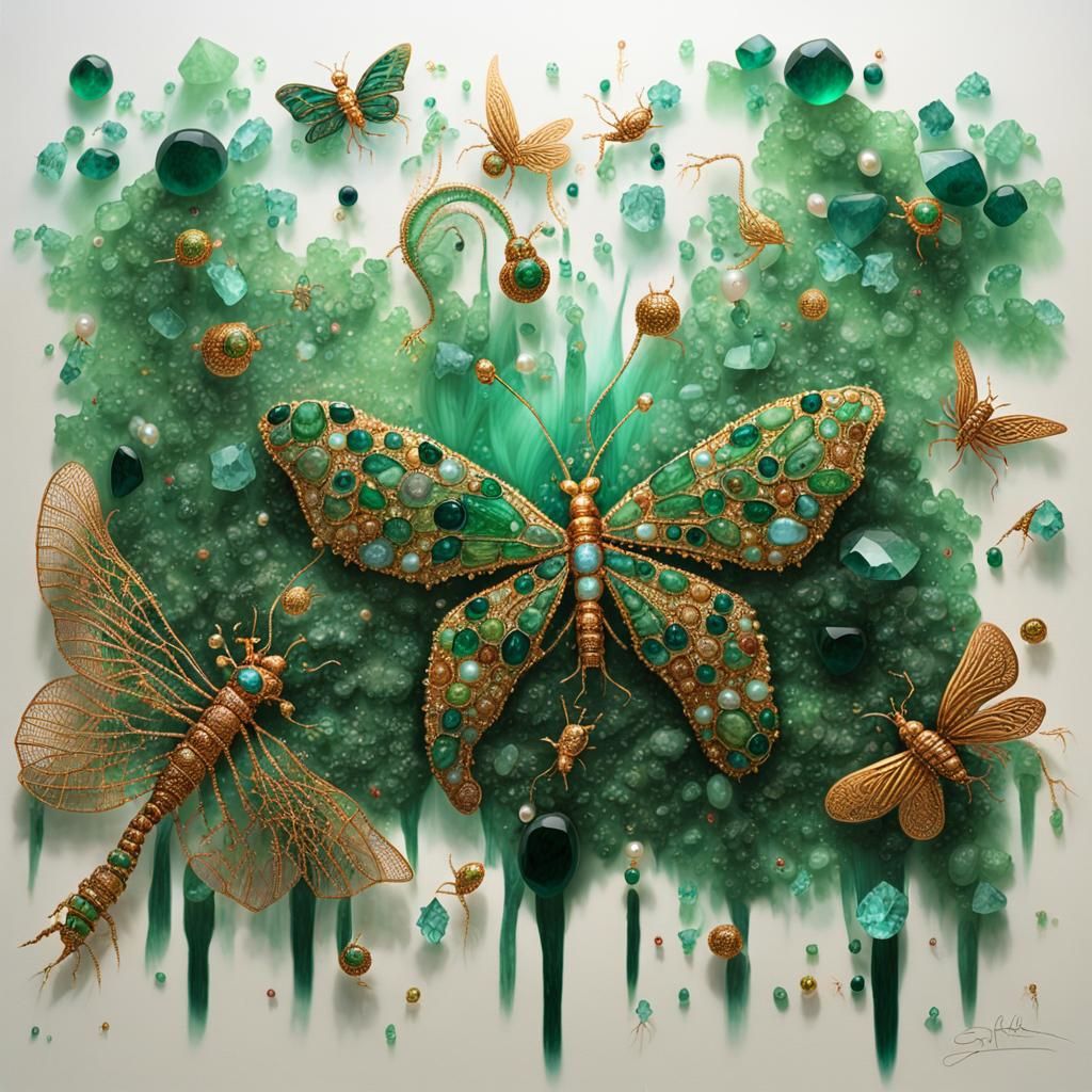 Jeweled Insects in Emerald Rainforest: Graffiti Art