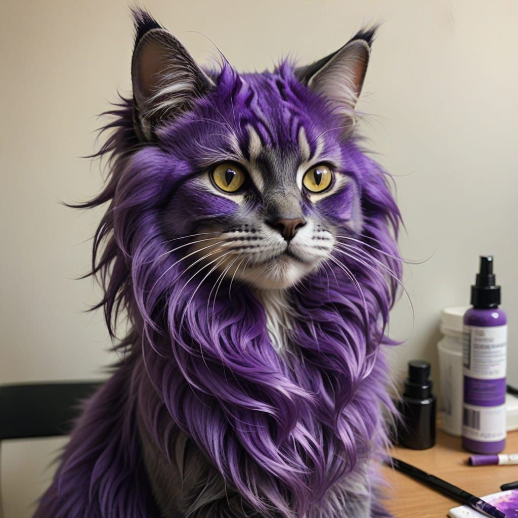 Anthropomorphic cat putting purple hair dye into her fur