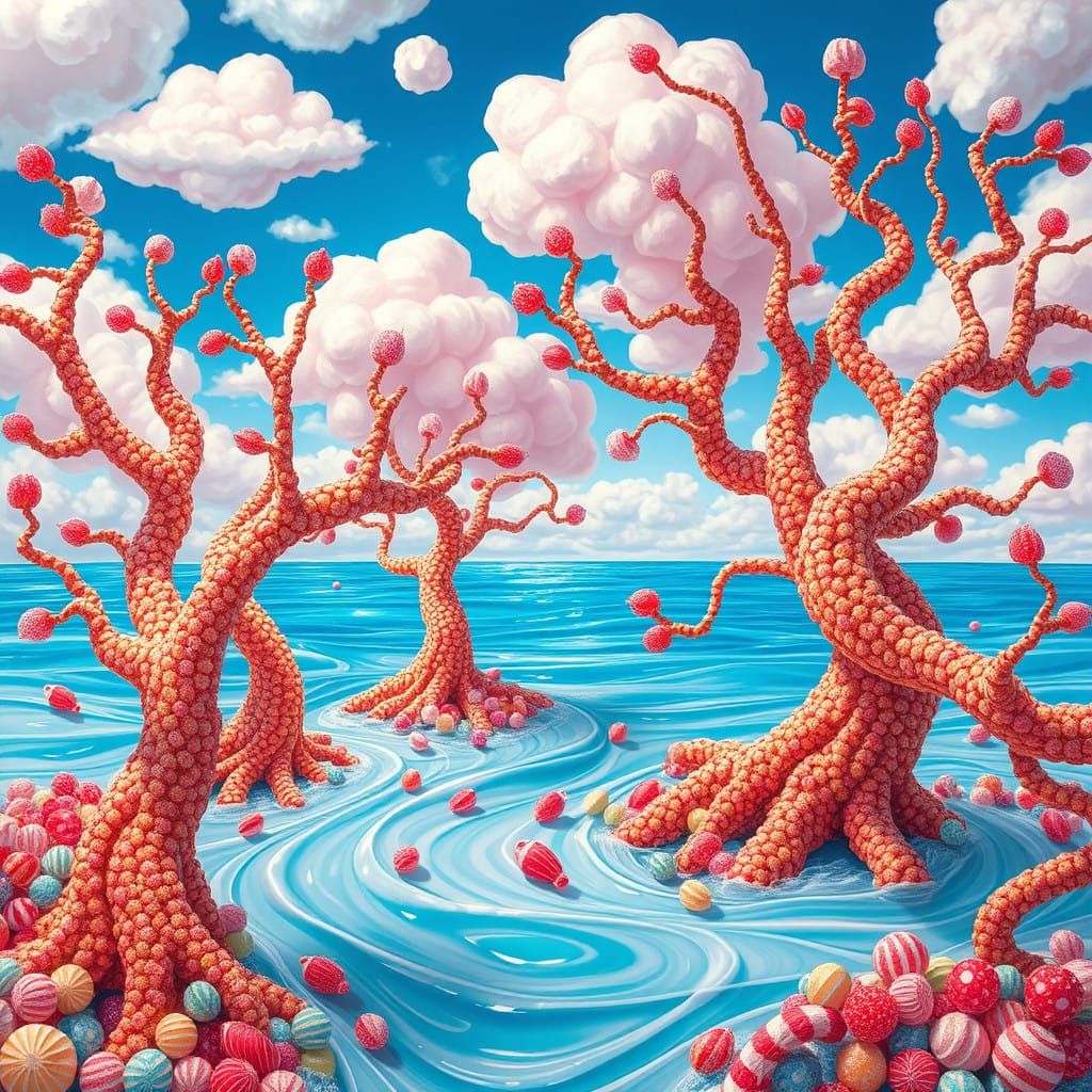 Sugar-Coated Fantastical Landscape with Gummy Trees and Cott...