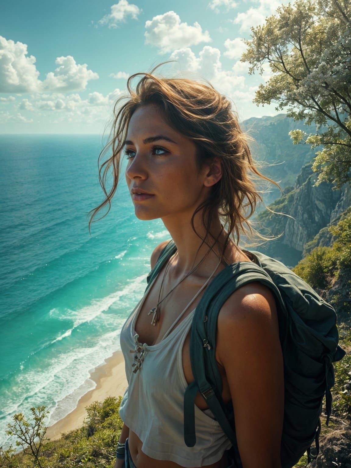 Free-Spirited Female Hiker in Serene Coastal Paradise