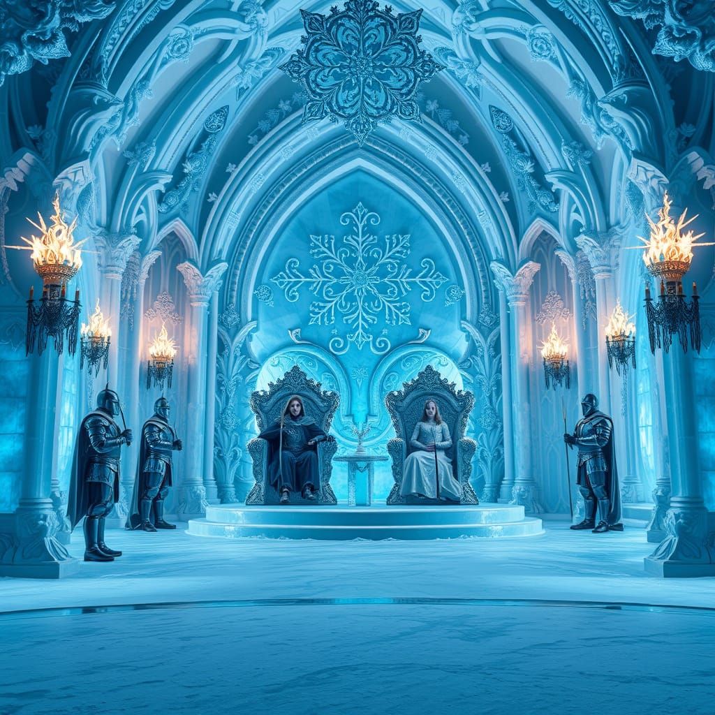 Majestic Ice Palace Throne Room with Snowflake Decorations a...