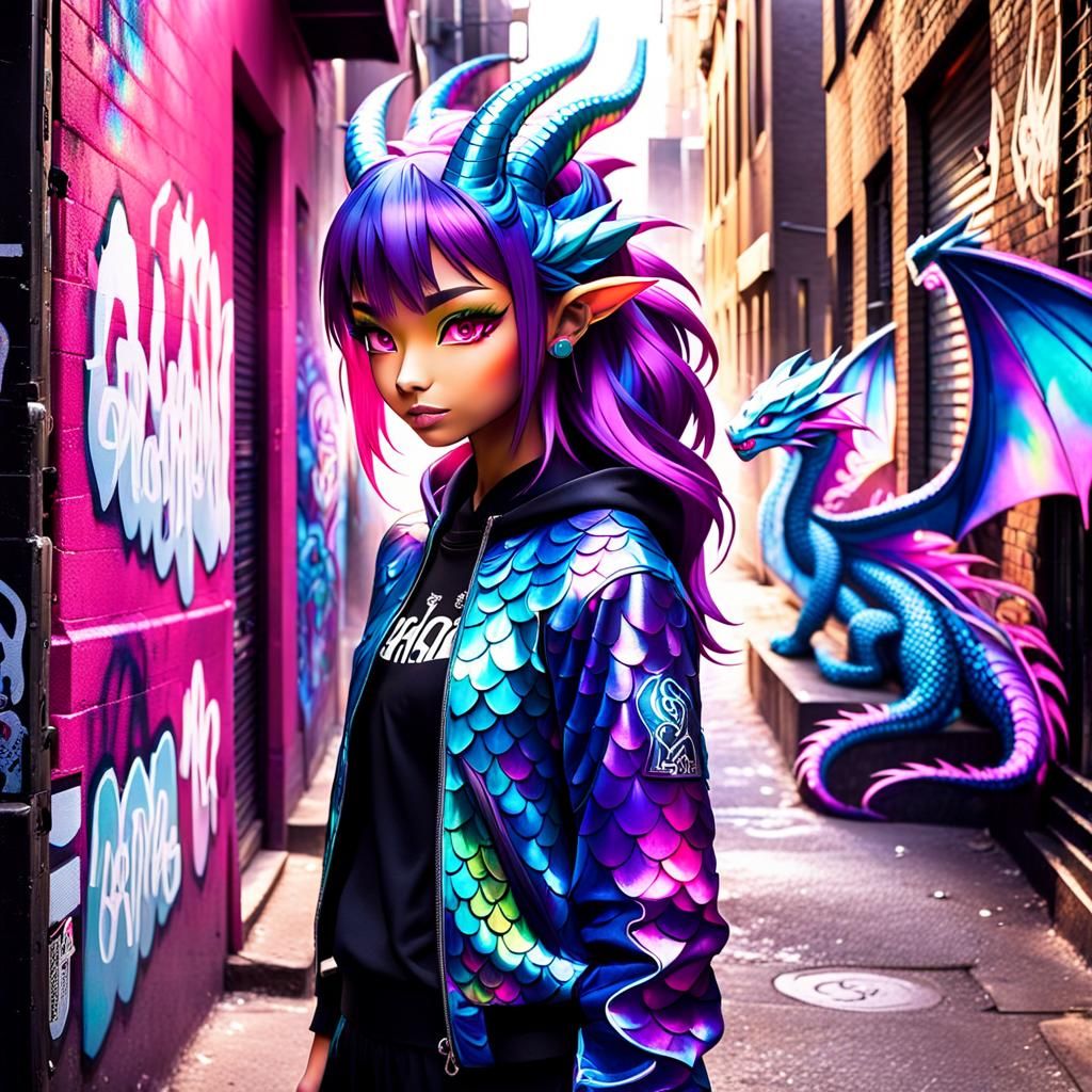 Dragon Girl in Vibrant Street Art Alleyway