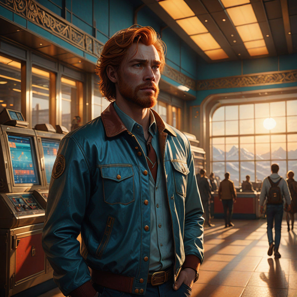 Man in Spring Attire Stands in Vibrant Airport Terminal