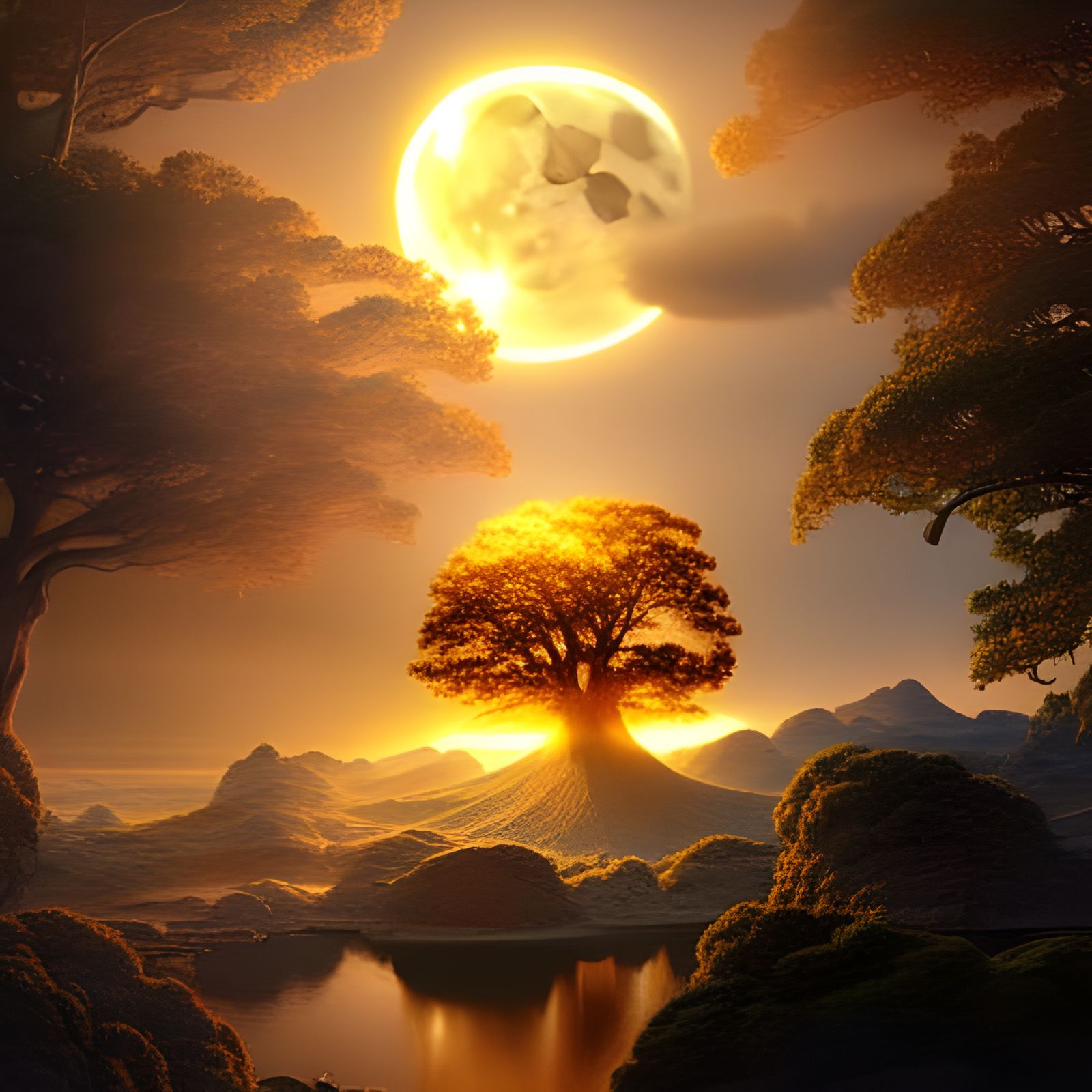 Golden Tree Under Glowing Moon at Dawn