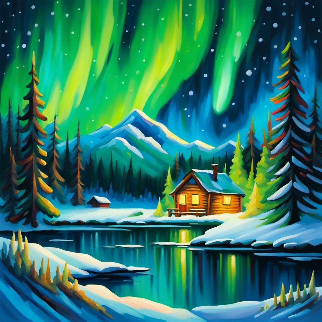 Cabin by Frozen Lake in Post-Impressionist Style