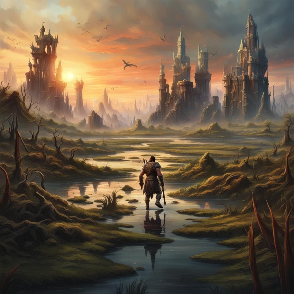 Barbarian in Swamp City Ruins, Detailed Matte Painting