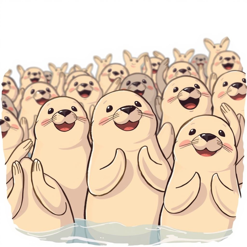 Cartoon Seals Applauding Crowd Scene