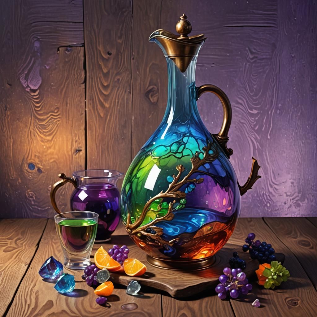 Iridescent Carafe and Bronze Mug Still Life