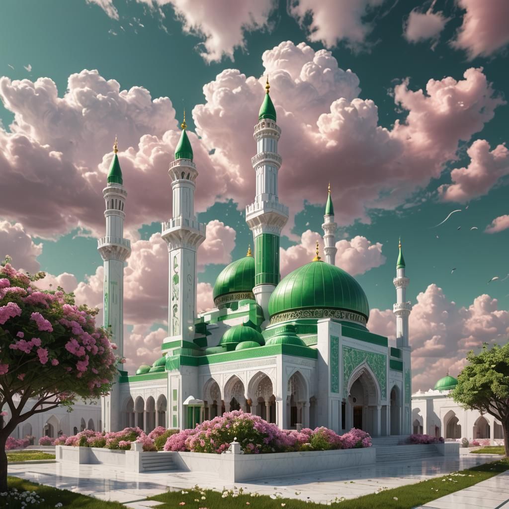 Hyperrealistic Madina Mosque with Pink Flowers on Podium