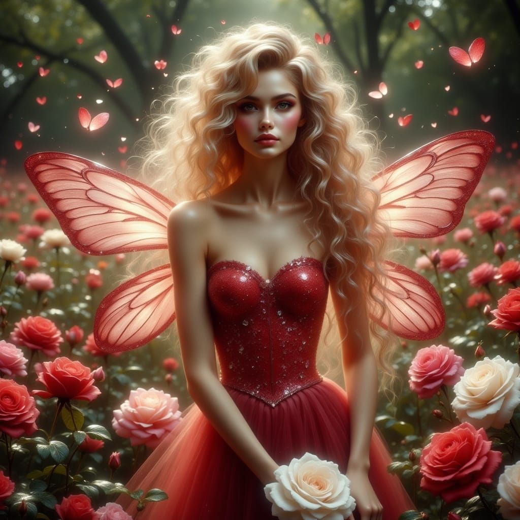 <lora:BeautyStrokesV2:1.0> <lora:Dreamy Enchantment:1.0> Full body portrait of a ruby fairy in a rose garden of red and ...