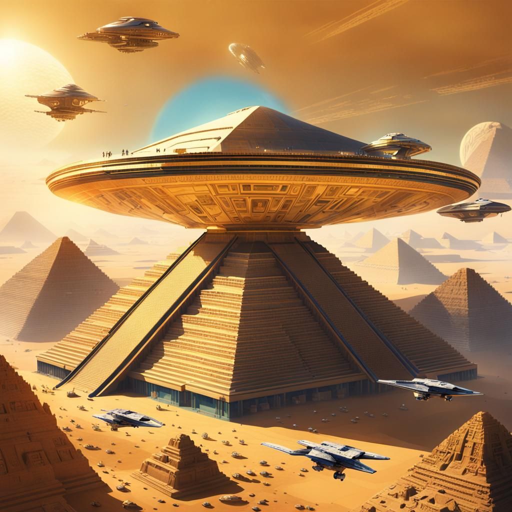 Futuristic Space Station Over Egyptian Pyramids