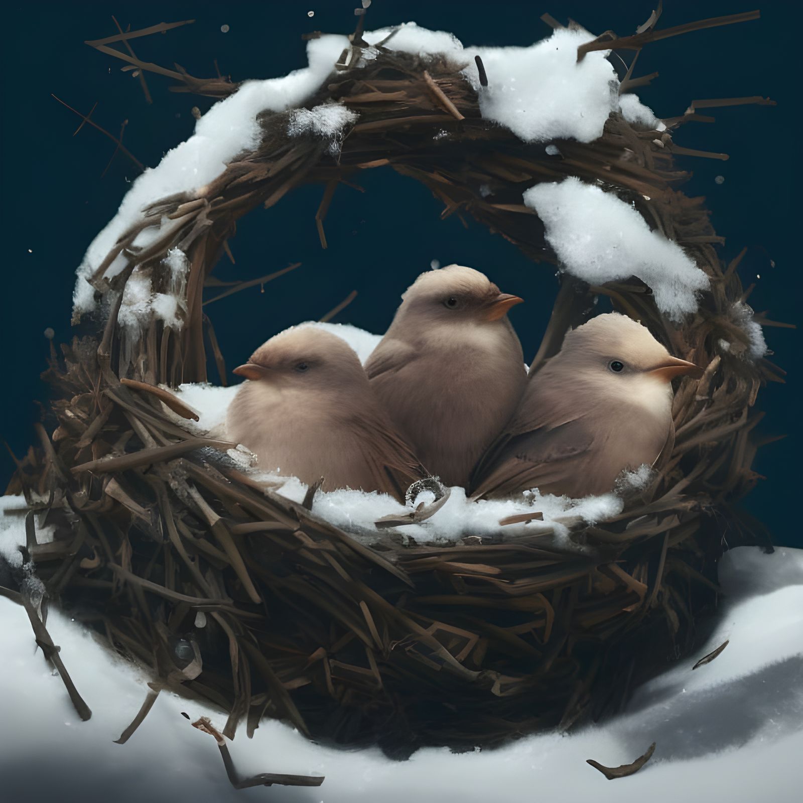 Birds Nesting in Snow: Photorealistic Digital Art