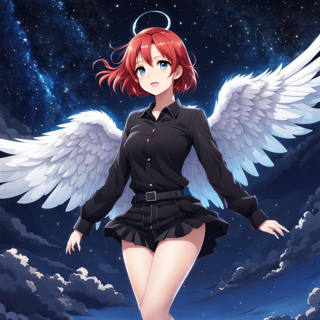 Red-Haired Angel in Anime Style with Starry Sky