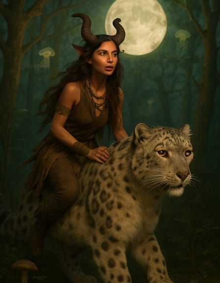 Horned Woman Rides Leopard Through Forest