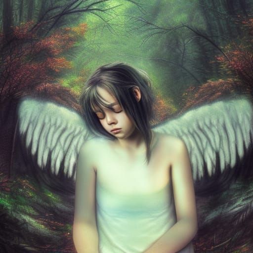 Crying Angel in Dark Forest: Hyperrealistic Splash Art