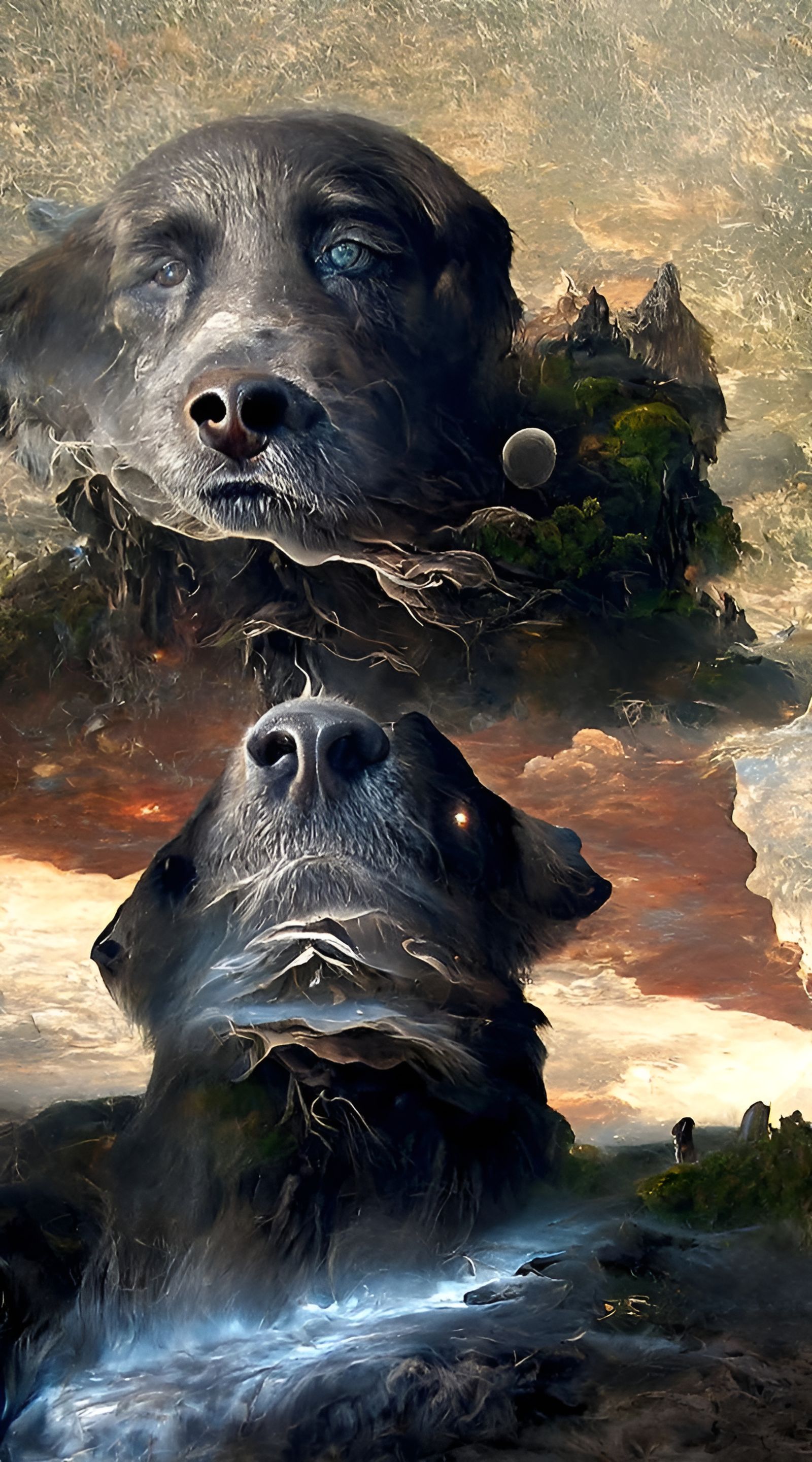 Mystical Sci-Fi Puppy Dogs in Fantasy Landscape