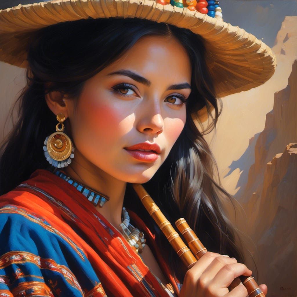 Peruvian Woman Playing Panflute in Traditional Clothing