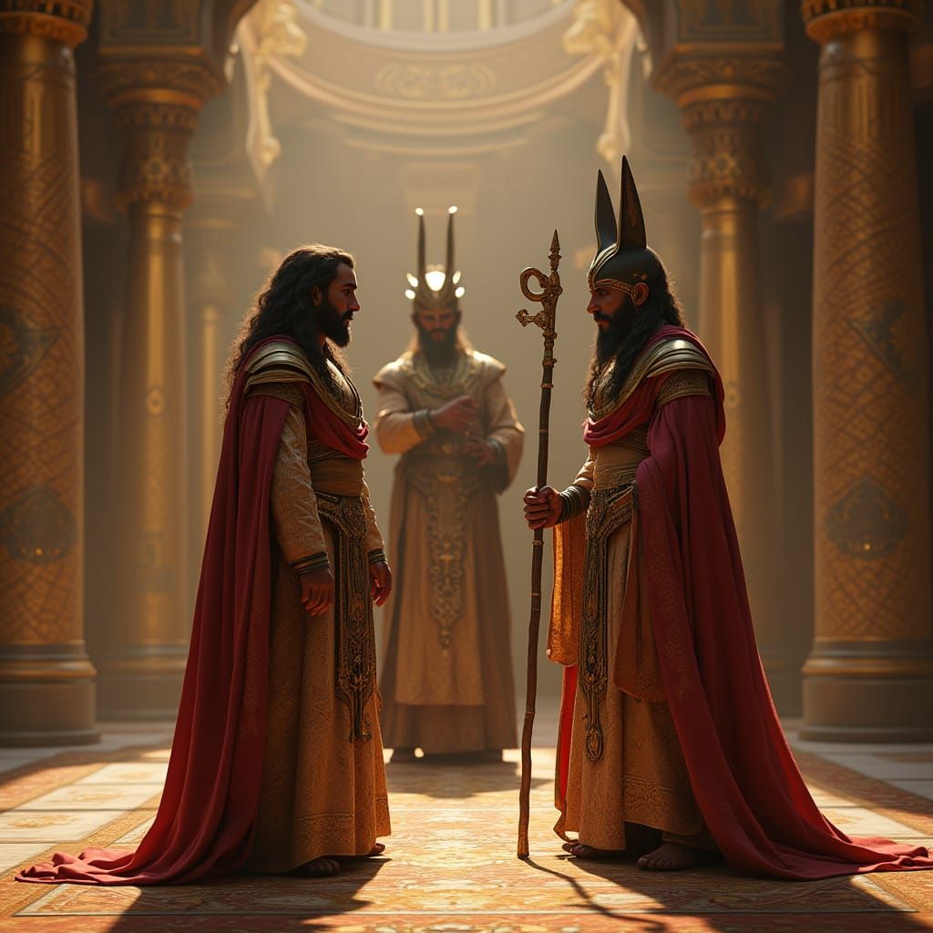 Moses Confronts Anubis in Royal Palace, Hyperrealistic