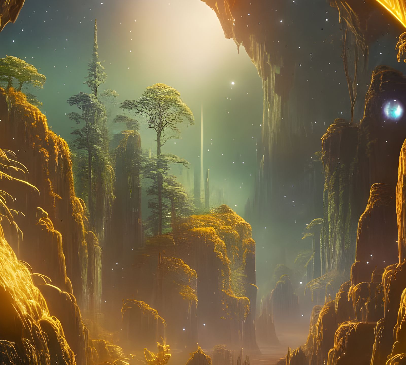 Alien Planet Landscape with Spaceship in Biopunk Style