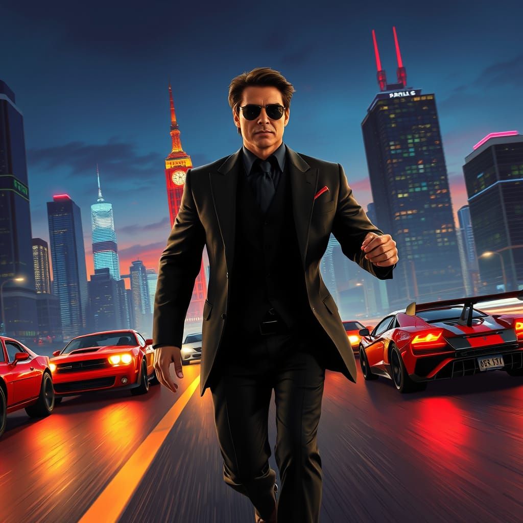 Tom Cruise Hotwheels Chase in Cyberpunk Cityscape