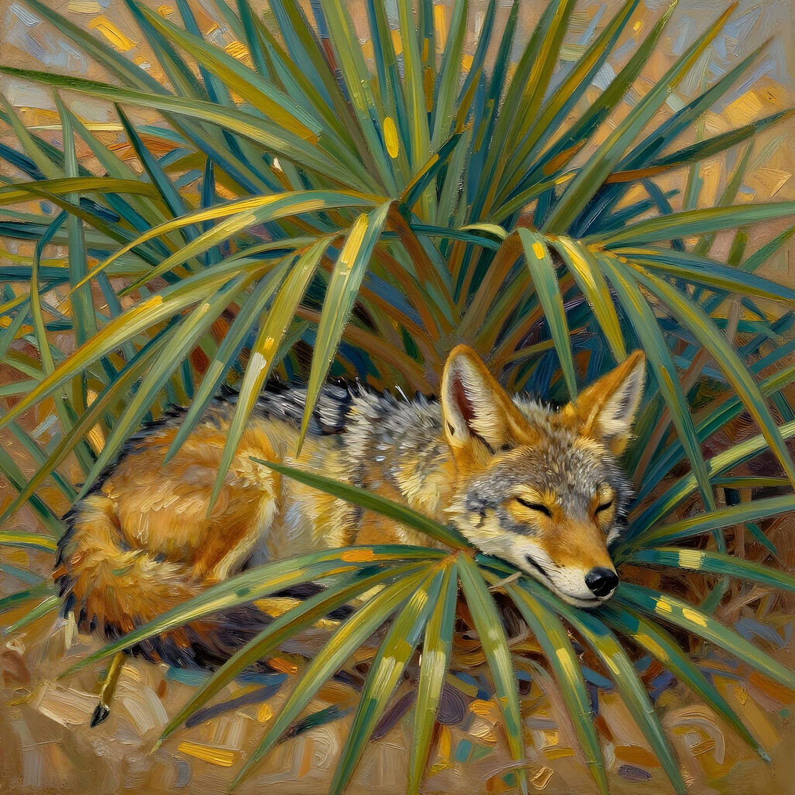 Sleeping Coyote Among Vibrant Palm Leaves