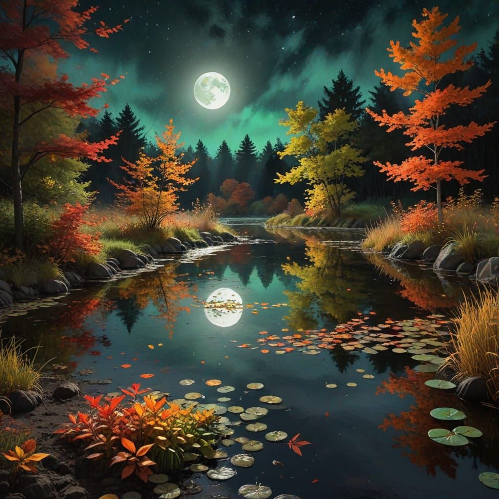 Watercolor Autumn Landscape with Glowing Moon