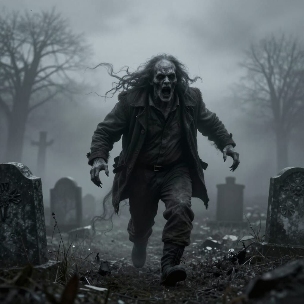 Ghost Creature Chasing Explorer in Foggy Graveyard