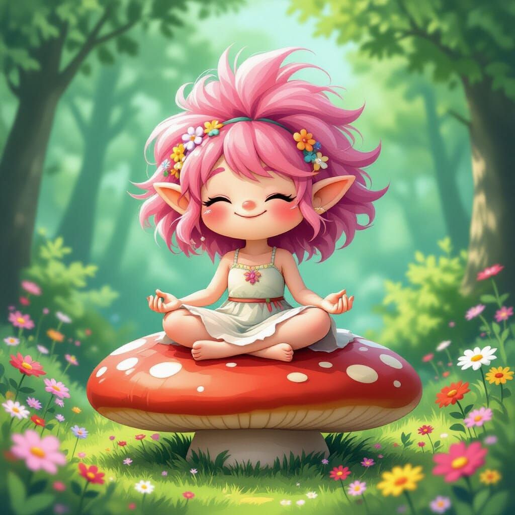 A sweet-faced pink-haired troll with rosy cheeks and a kind ...