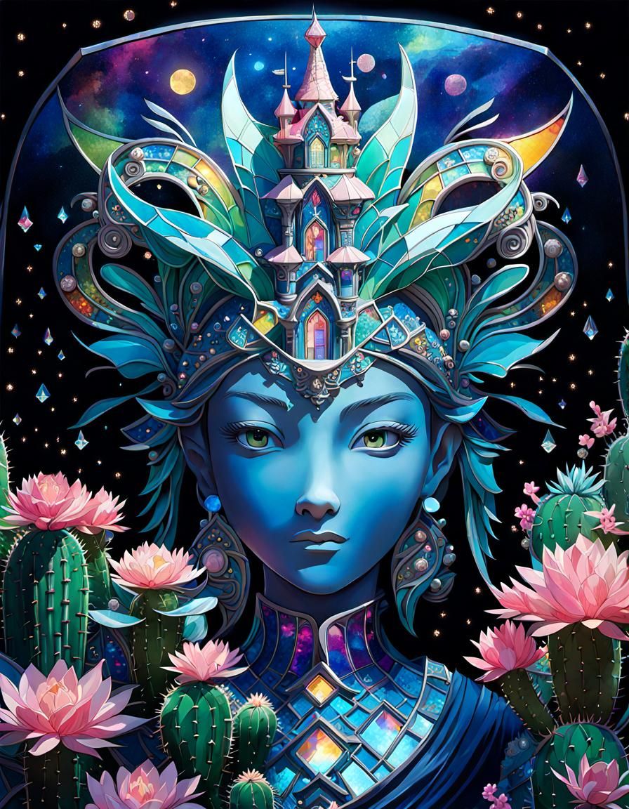 Magical Fairy Castle on Blooming Cactus: Anime Art